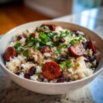 Close-up of a white bowl filled with savory black beans and rice mixed with sliced sausage and topped with fresh cilantro.