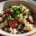 A close-up of savory one-pot black beans and rice mixed with slices of sausage and topped with fresh cilantro.