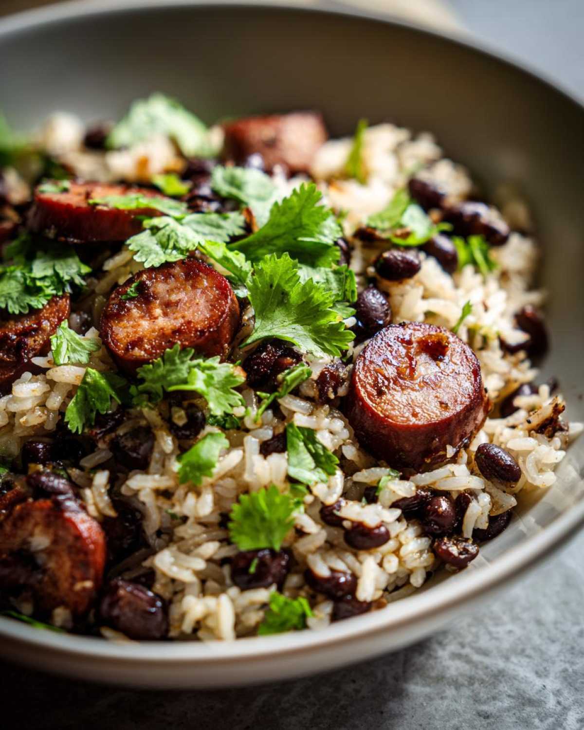 Close-up of a bowl of savory black beans and rice mixed with sliced, browned sausage and topped with fresh cilantro.