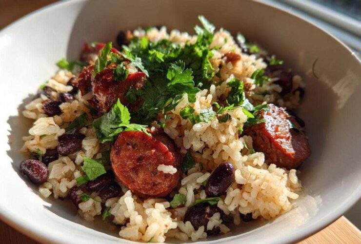 A close-up of savory one-pot black beans and rice mixed with slices of sausage and topped with fresh cilantro.