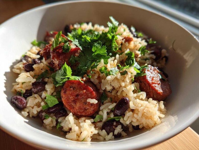 A close-up of savory one-pot black beans and rice mixed with slices of sausage and topped with fresh cilantro.