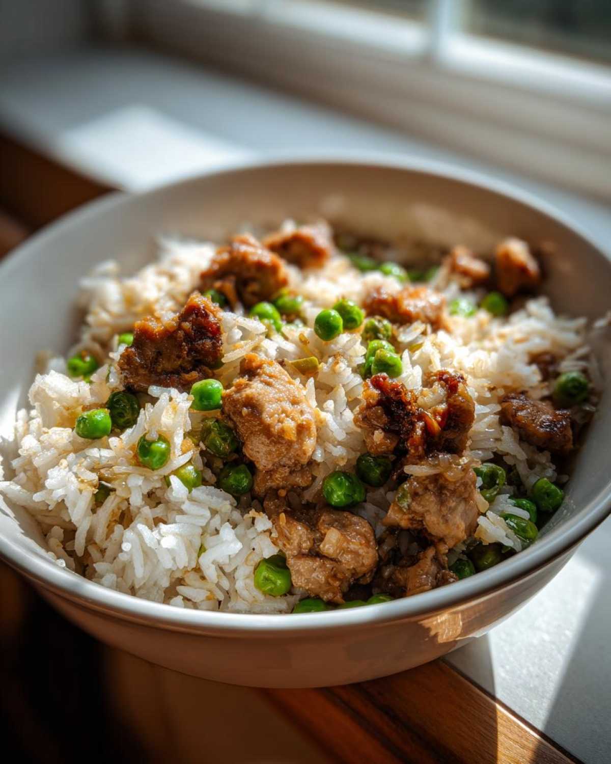 Close-up of a bowl containing one pot chicken and rice mixed with bright green peas, illuminated by natural light.