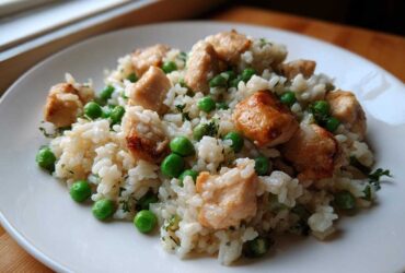 Close-up of a white plate featuring one pot chicken and rice mixed with bright green peas and herbs.