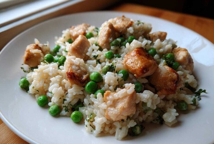 Close-up of a white plate featuring one pot chicken and rice mixed with bright green peas and herbs.