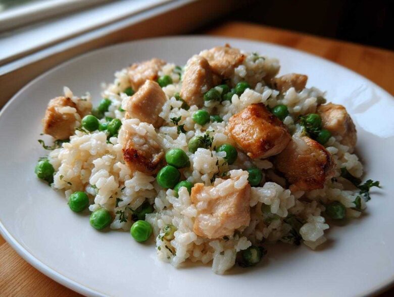 Close-up of a white plate featuring one pot chicken and rice mixed with bright green peas and herbs.