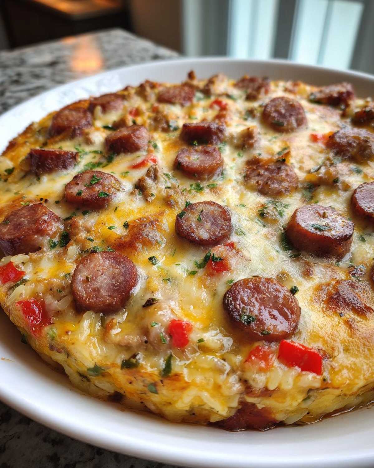 Close-up of a cheesy one-pot sausage and rice dish topped with browned sausage slices and parsley.