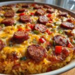 Close-up of a baked one-pot sausage and rice dish topped with melted cheese and sliced smoked sausage.
