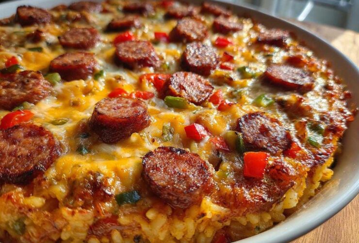 Close-up of a baked one-pot sausage and rice dish topped with melted cheese and sliced smoked sausage.