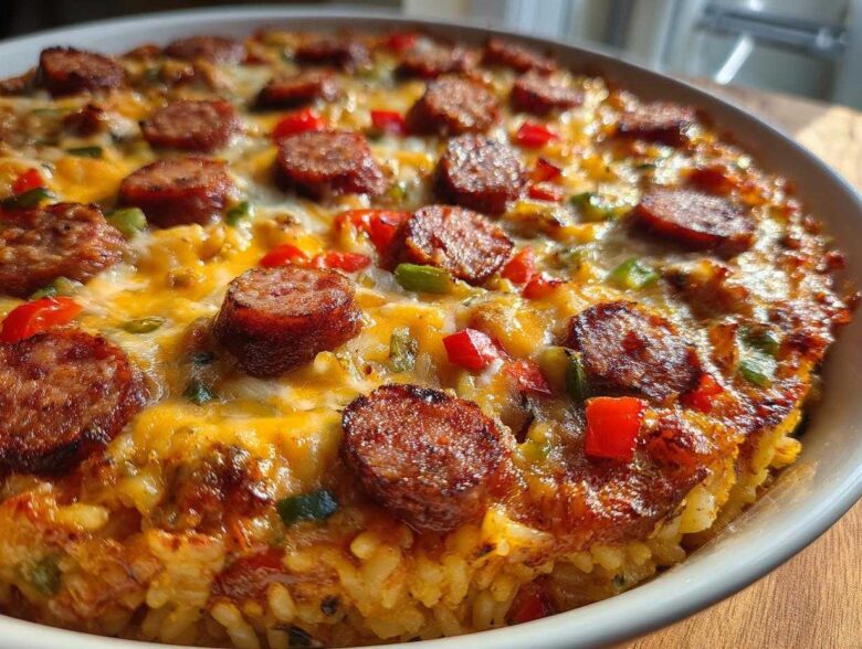 Close-up of a baked one-pot sausage and rice dish topped with melted cheese and sliced smoked sausage.