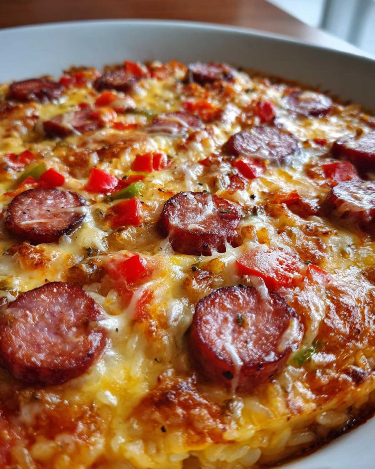 Close-up of a baked sausage and rice casserole topped with melted cheese and sliced smoked sausage.