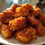 A mound of crispy, glazed pieces ready for an amazing orange chicken recipe, sprinkled with sesame seeds.