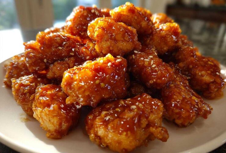 A mound of crispy, glazed pieces ready for an amazing orange chicken recipe, sprinkled with sesame seeds.