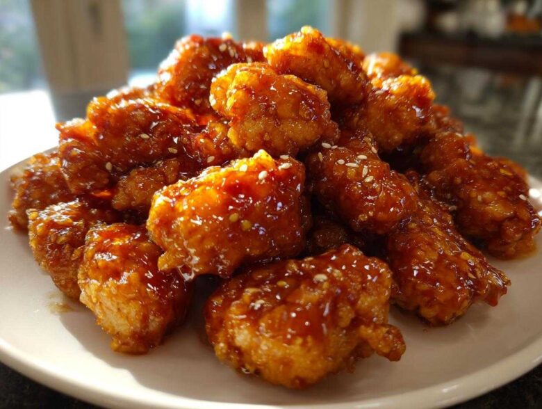 A mound of crispy, glazed pieces ready for an amazing orange chicken recipe, sprinkled with sesame seeds.