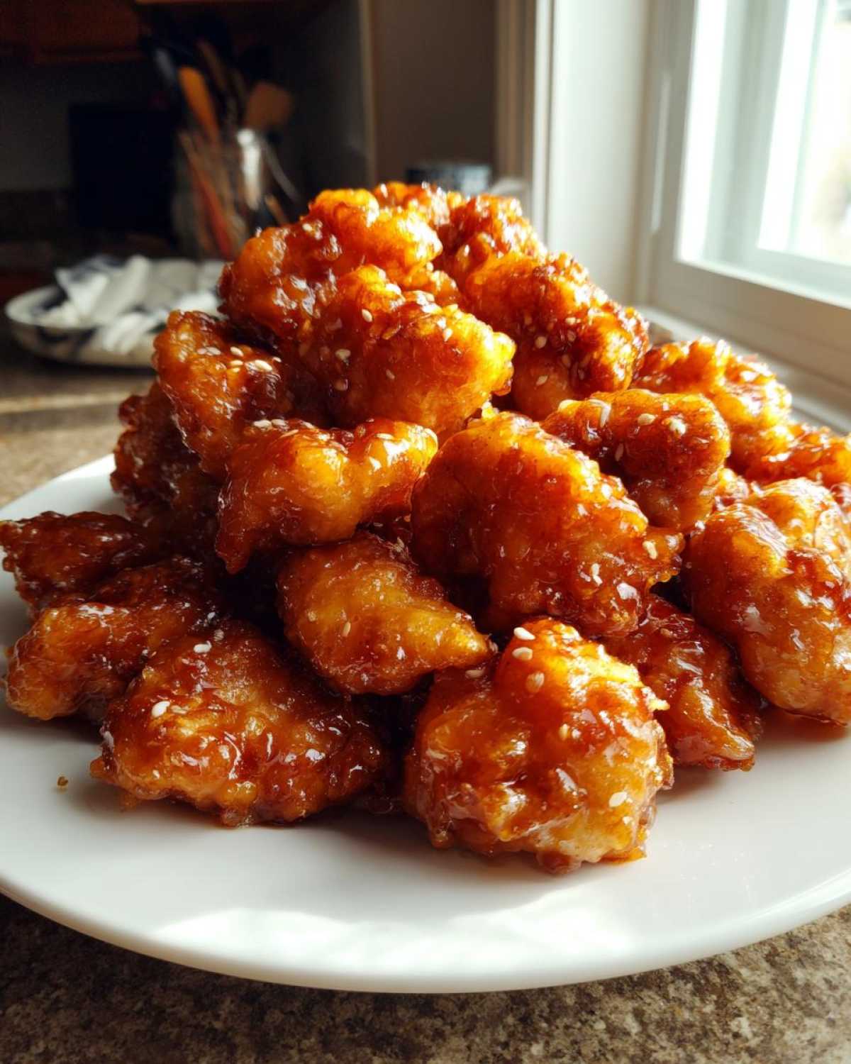 A mound of crispy, glazed orange chicken pieces sprinkled with sesame seeds served on a white plate.