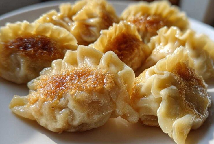 Close-up of several golden-brown, pan-fried Traditional Chinese Dumplings arranged on a white plate.