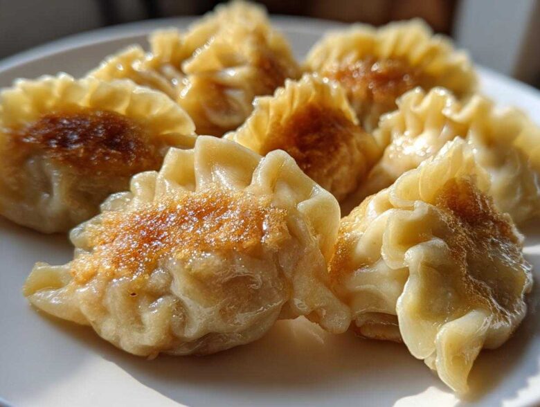 Close-up of several golden-brown, pan-fried Traditional Chinese Dumplings arranged on a white plate.