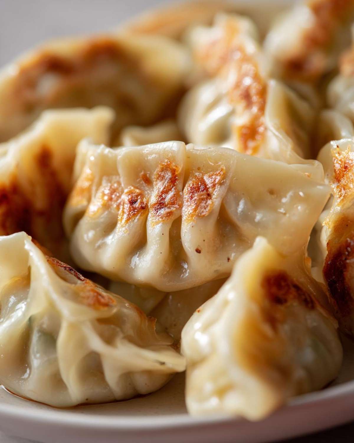 A close-up shot of several golden-brown, pan-fried Traditional Chinese Dumplings piled on a plate.