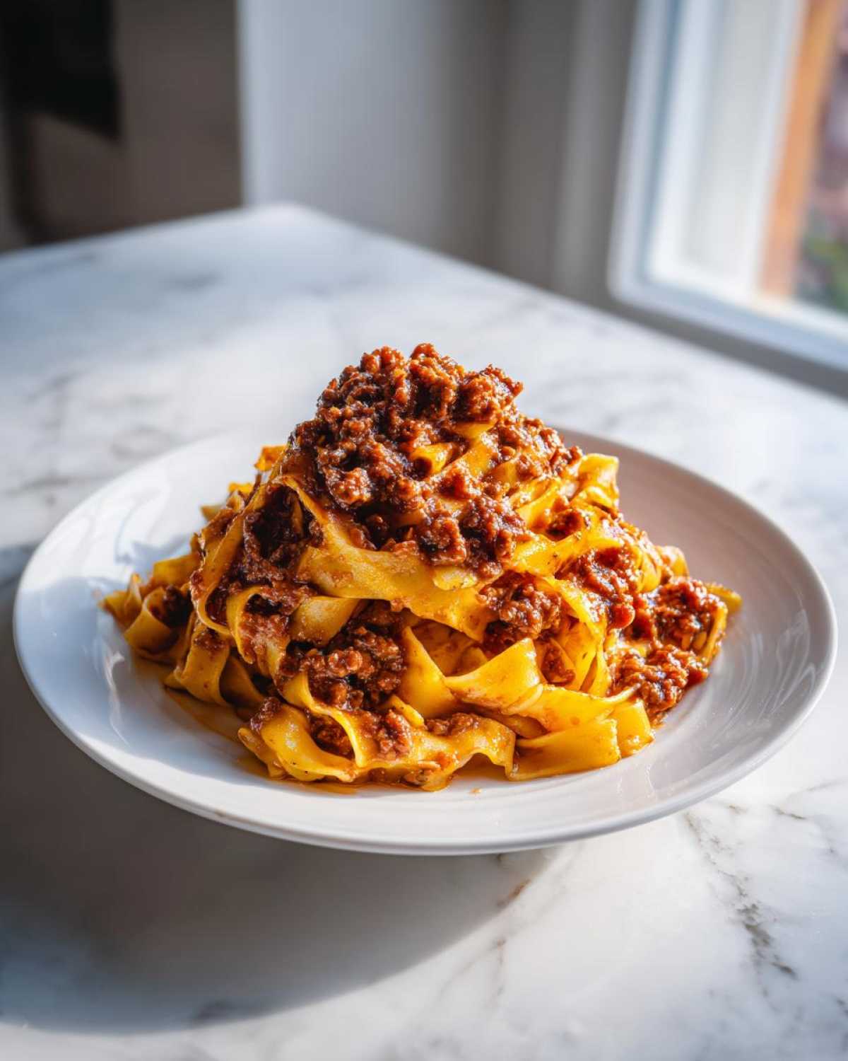 A generous serving of wide pappardelle pasta topped high with rich, meaty bolognese sauce on a white plate.