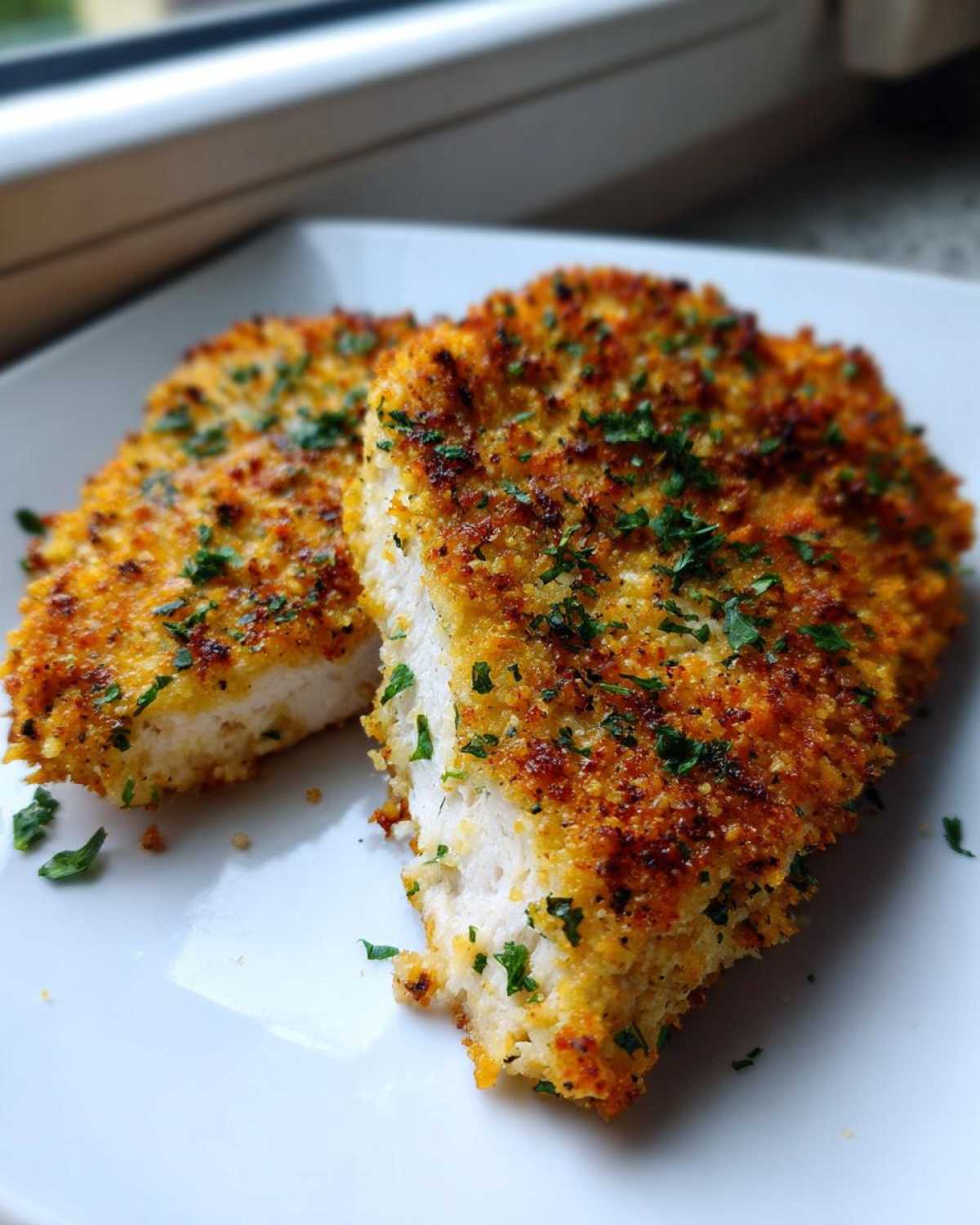 Two pieces of juicy parmesan crusted chicken, cut to show the white interior, garnished with parsley.