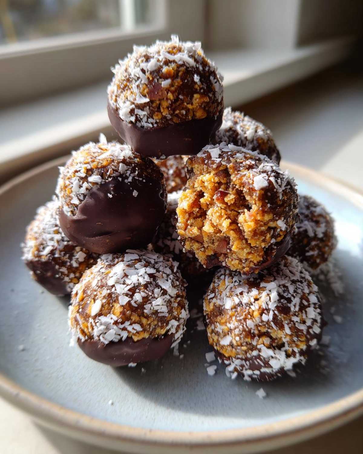 A stack of homemade pecan pie balls dipped in dark chocolate and rolled in shredded coconut.