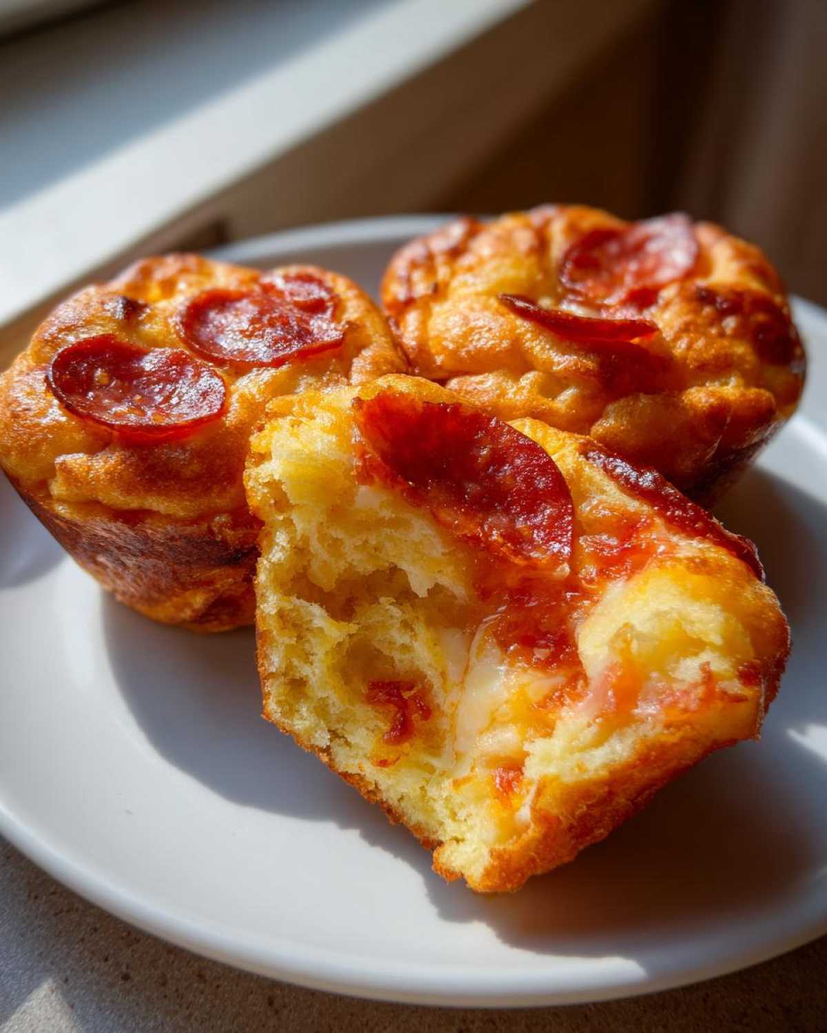 Three golden-brown pizza muffins, one cut open to show melted cheese and pepperoni filling, highlighting the texture of the pizza muffins.
