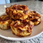 A close-up of several golden brown, cheesy pepperoni pizza pinwheels stacked on a white plate.