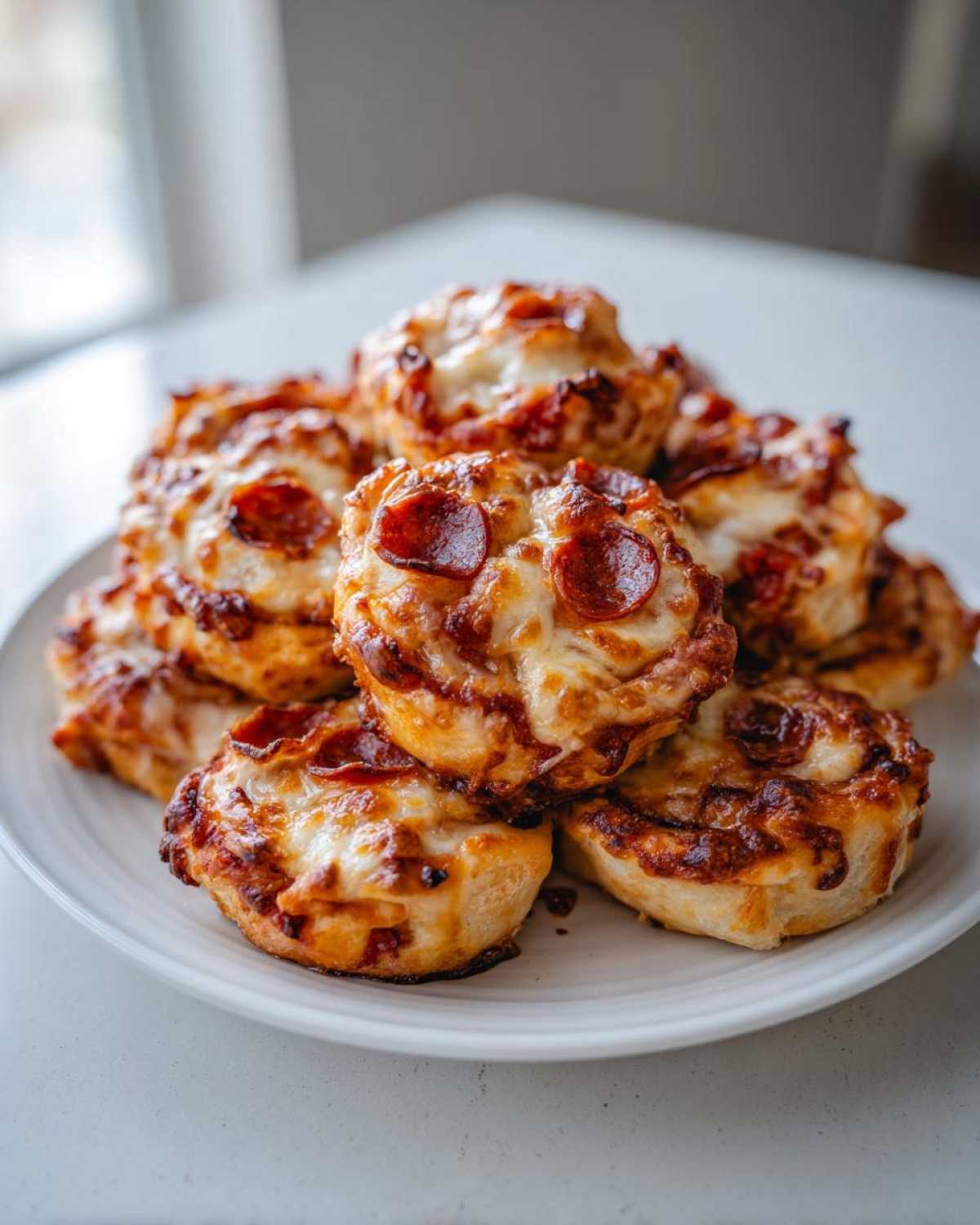 A stack of golden brown, cheesy pepperoni pizza pinwheels piled high on a white plate.