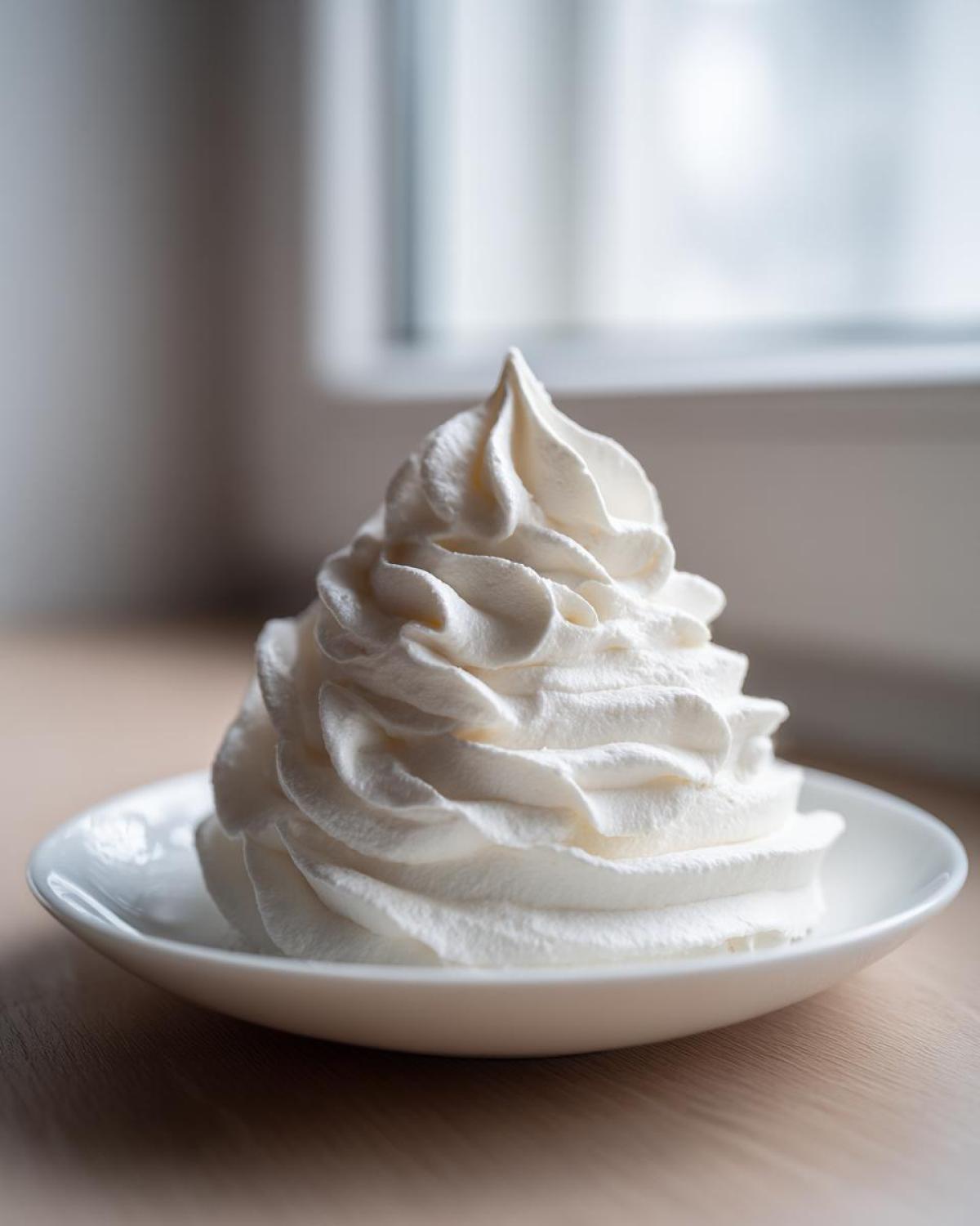 A tall, perfectly piped swirl of white cream cheese frosting sitting on a small white saucer.