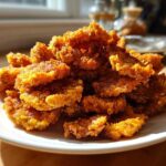 A generous pile of golden brown, ultra-crispy Fried Pickles stacked high on a white plate, illuminated by sunlight.