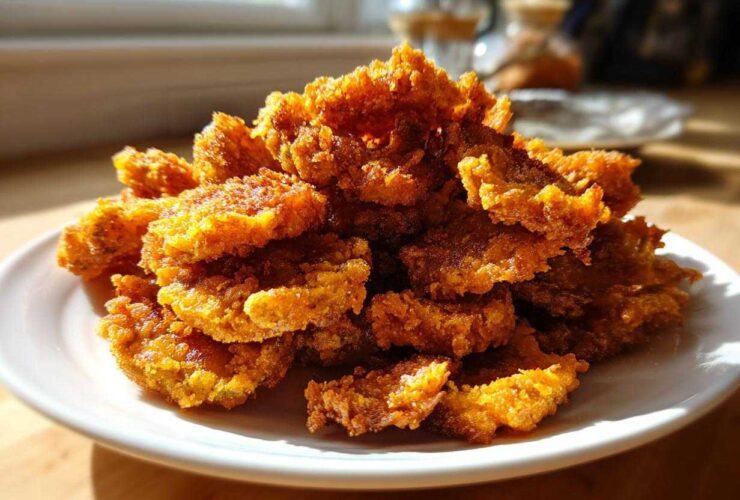 A generous pile of golden brown, ultra-crispy Fried Pickles stacked high on a white plate, illuminated by sunlight.