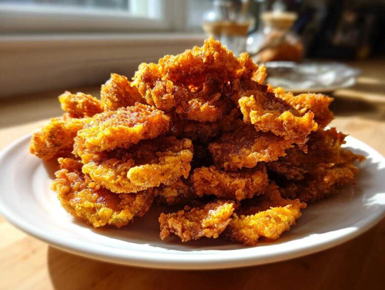 A generous pile of golden brown, ultra-crispy Fried Pickles stacked high on a white plate, illuminated by sunlight.