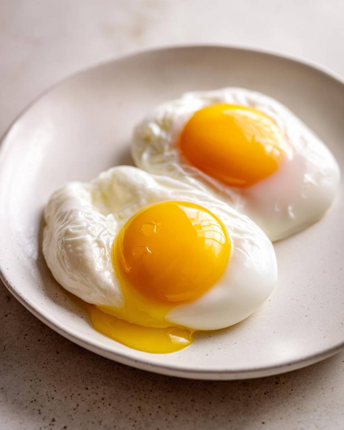 Close-up of two perfectly formed poached eggs on a light speckled plate, showing bright, runny yolks.