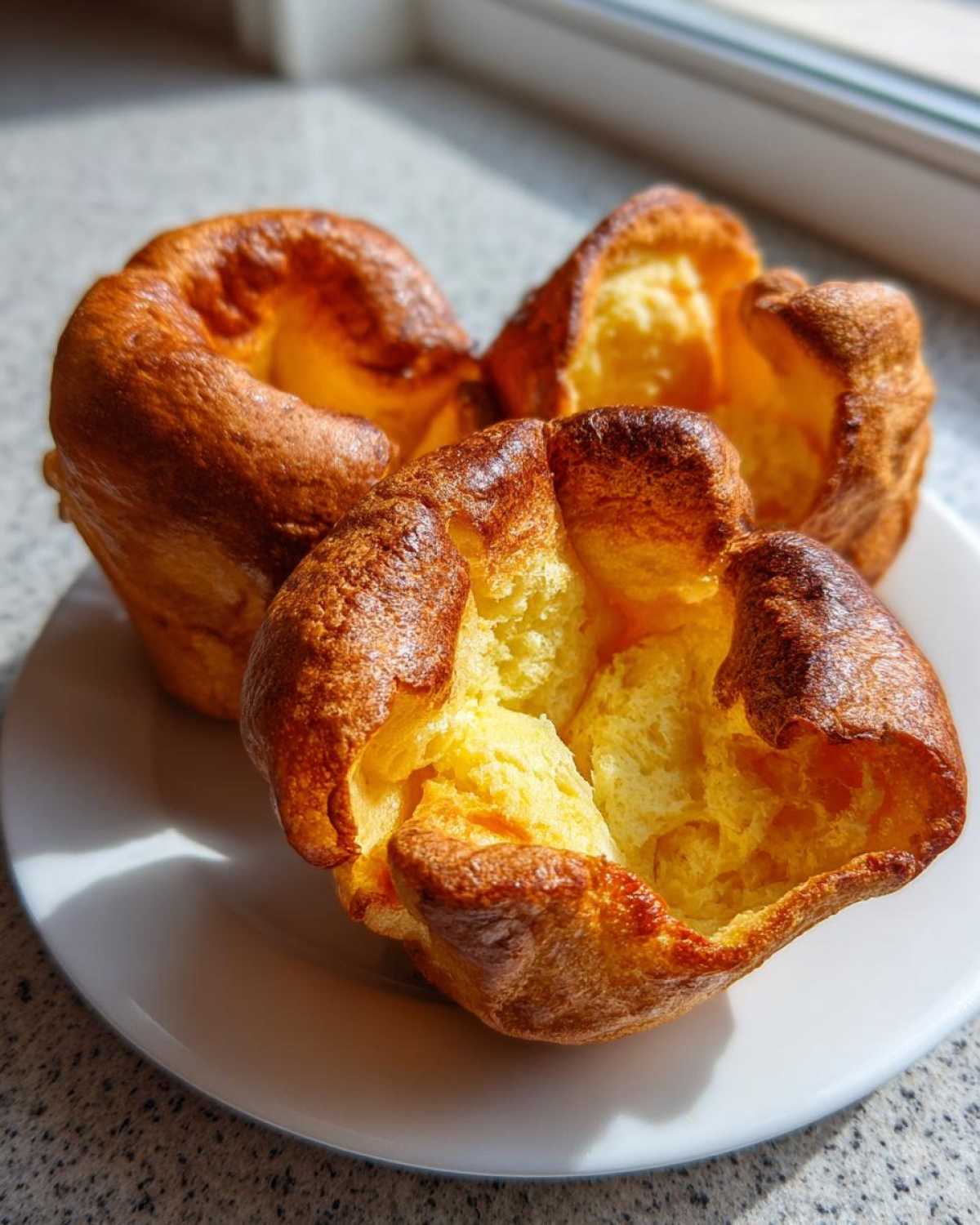 Three golden brown, perfectly risen yorkshire pudding items sitting on a white plate, showing their hollow, fluffy interiors.
