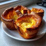 Three golden brown, perfectly risen yorkshire pudding served on a small white plate.