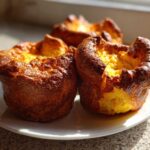 Three golden brown, perfectly risen yorkshire pudding resting on a small white plate in sunlight.