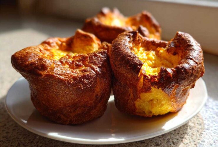 Three golden brown, perfectly risen yorkshire pudding resting on a small white plate in sunlight.