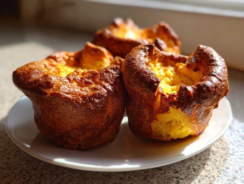 Three golden brown, perfectly risen yorkshire pudding resting on a small white plate in sunlight.