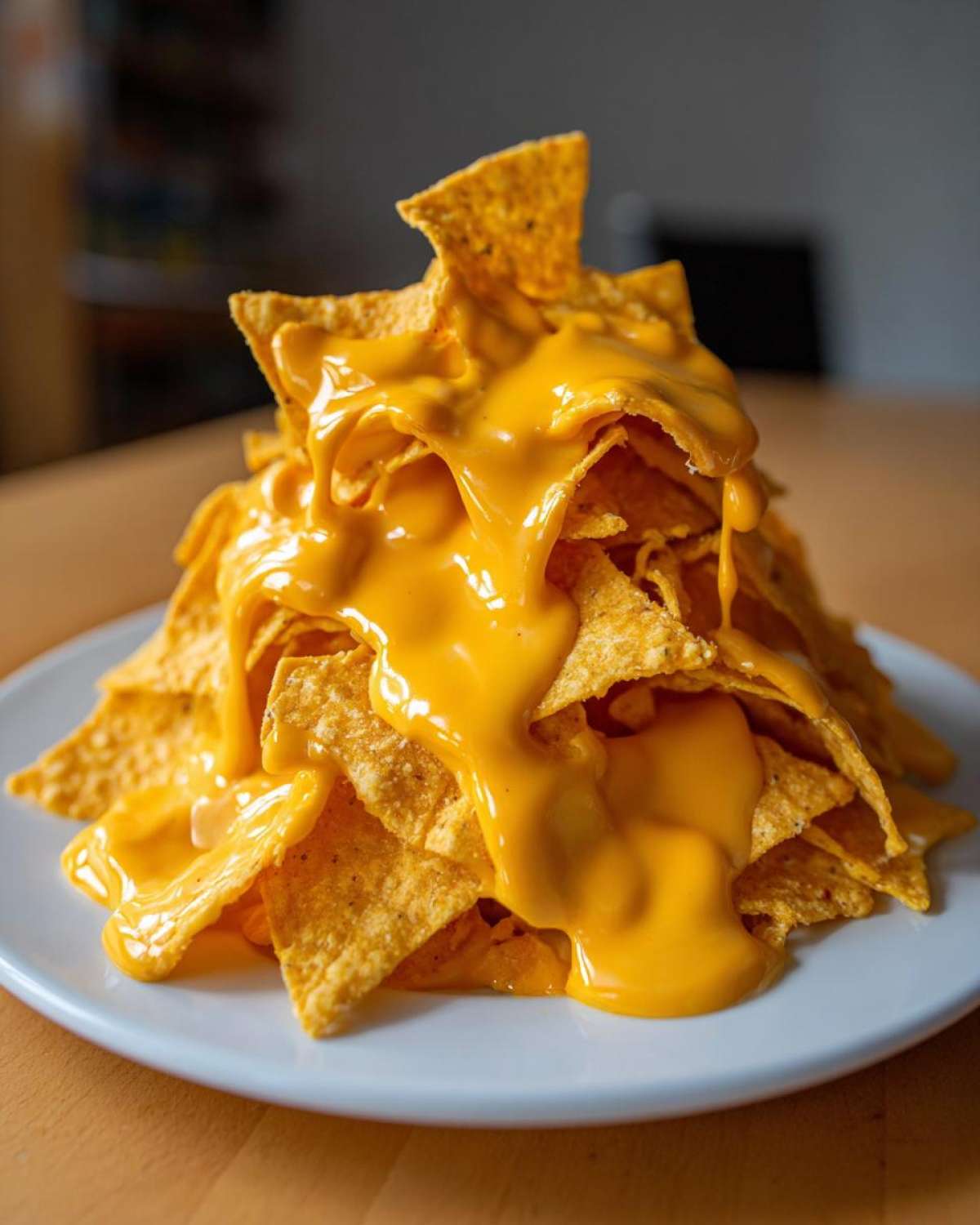 A tall pile of tortilla chips generously covered in smooth, bright orange nacho cheese sauce.