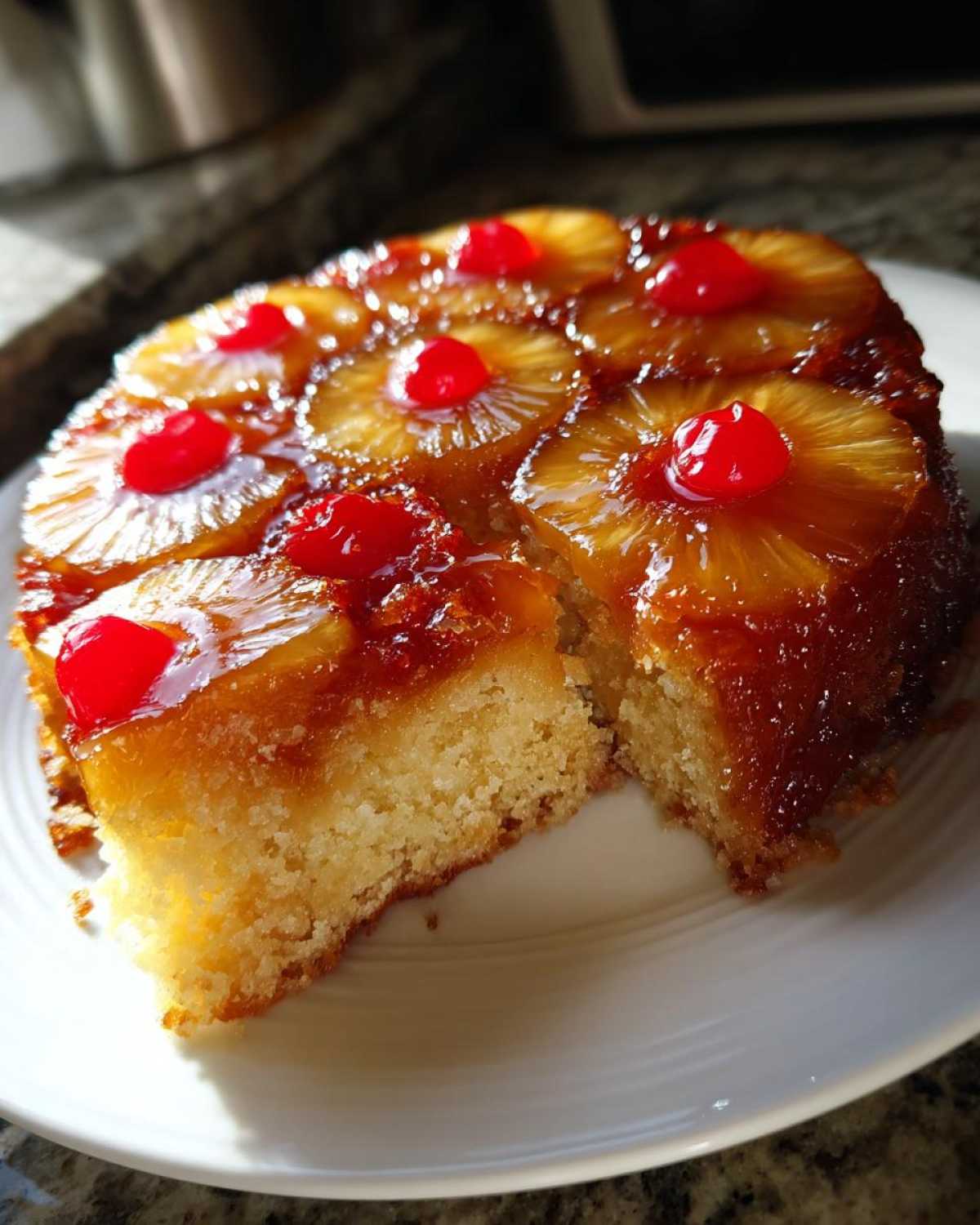 A moist slice cut from a pineapple upside down cake, topped with caramelized pineapple rings and maraschino cherries.