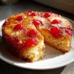 A moist slice cut from a pineapple upside down cake topped with caramelized pineapple rings and bright red maraschino cherries.