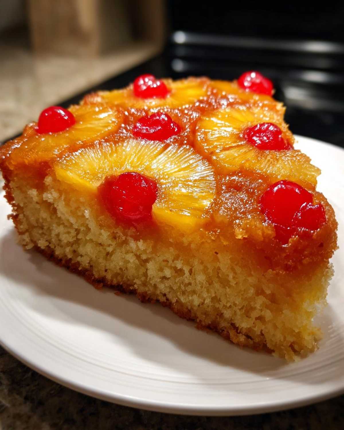 A moist slice of pineapple upside down cake topped with caramelized pineapple rings and bright red maraschino cherries.