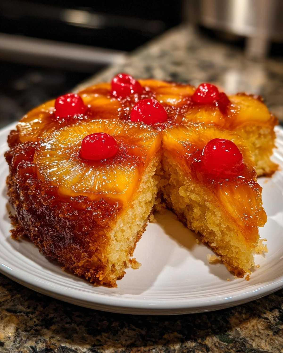 A slice cut from a pineapple upside down cake, showing caramelized pineapple rings and cherries on top of a moist yellow cake.