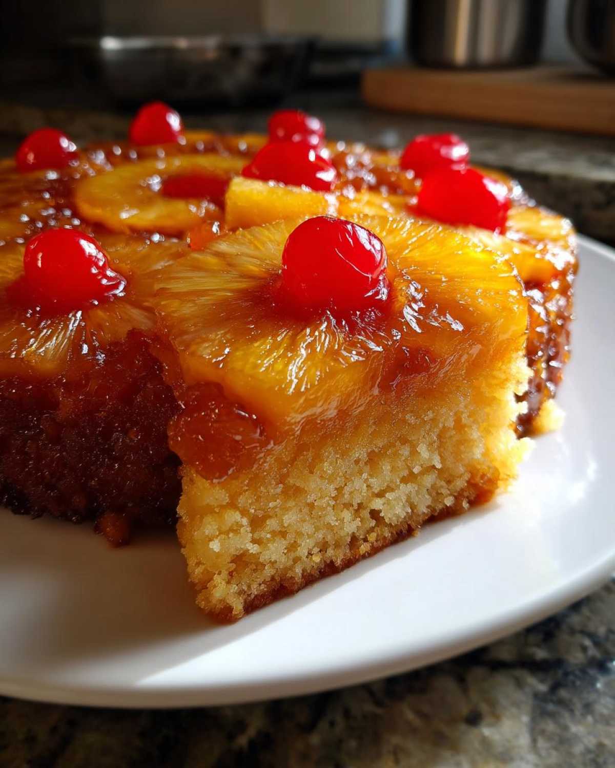 A slice of moist pineapple upside down cake topped with caramelized pineapple rings and bright red maraschino cherries.