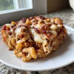 A hearty slice of baked pizza casserole featuring macaroni pasta, meat sauce, and bubbly, melted mozzarella cheese topping.