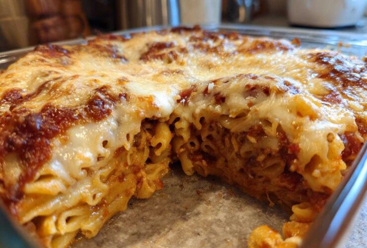 Close-up of a serving removed from a baked pizza pasta bake, showing melted cheese and tubular pasta.