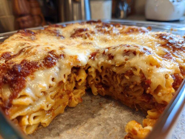 Close-up of a serving removed from a baked pizza pasta bake, showing melted cheese and tubular pasta.