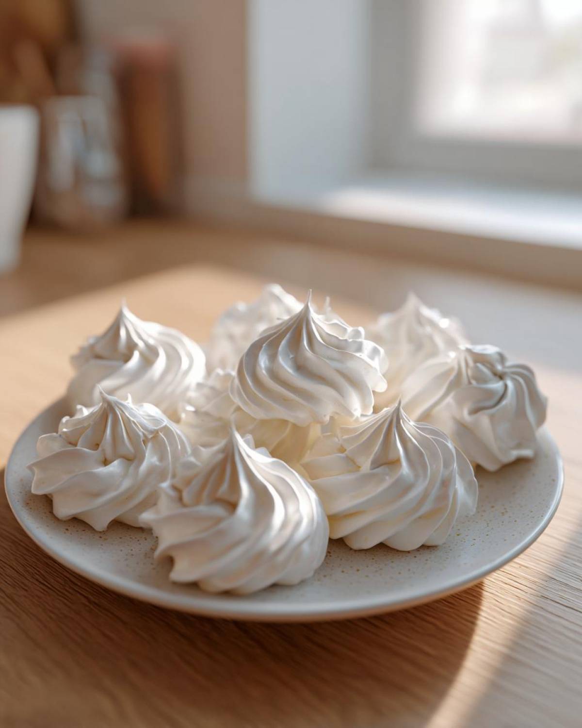 A plate of perfectly piped, white meringue cookies sitting on a wooden table near a window.