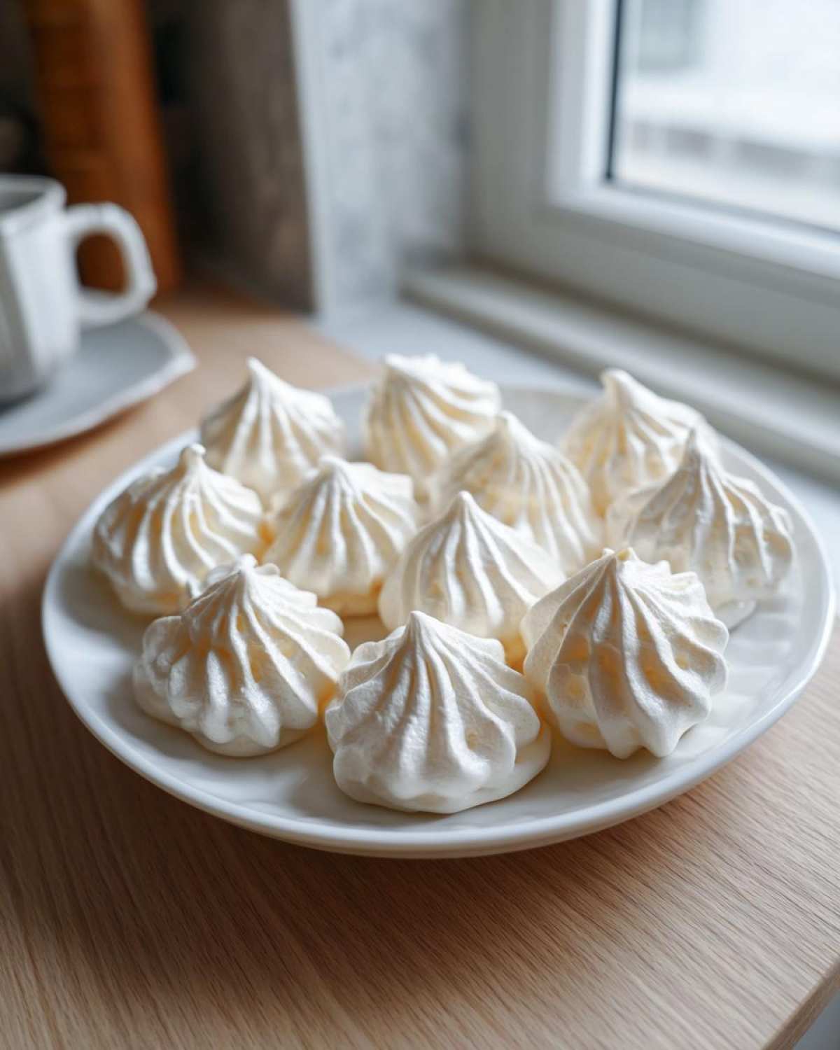 A white plate filled with perfectly piped, light and airy meringue cookies sitting on a wooden surface.