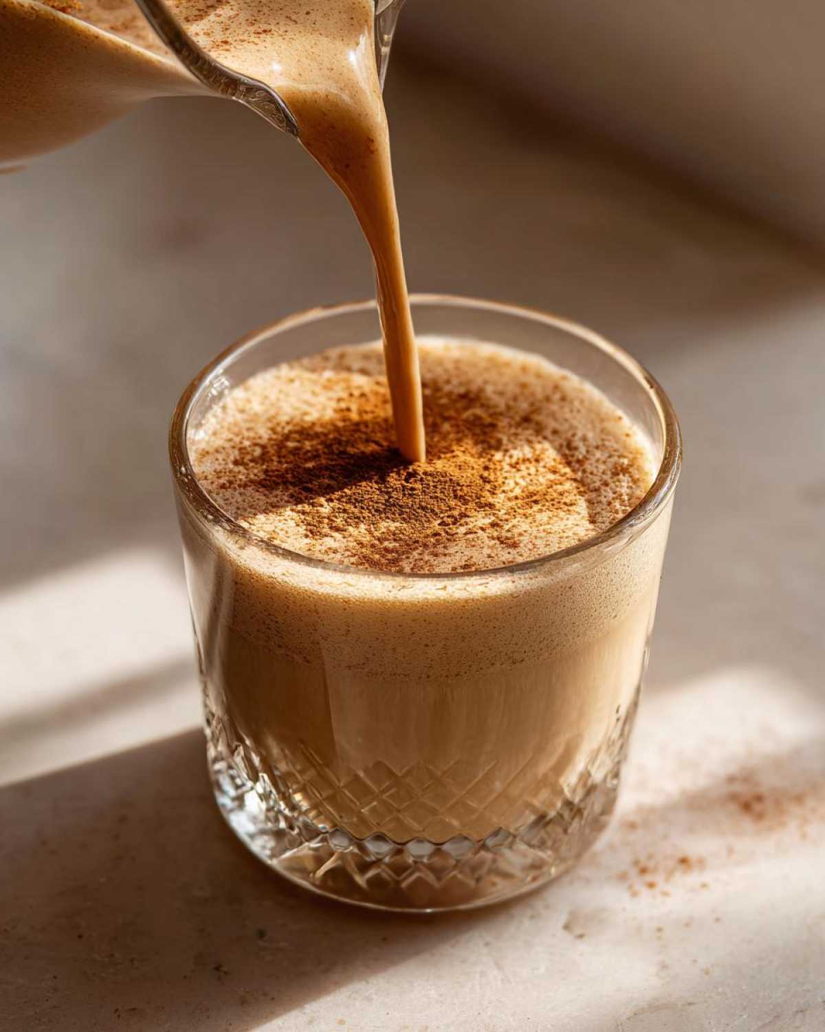 Close-up of creamy coquito being poured into a decorative glass, topped with ground cinnamon.