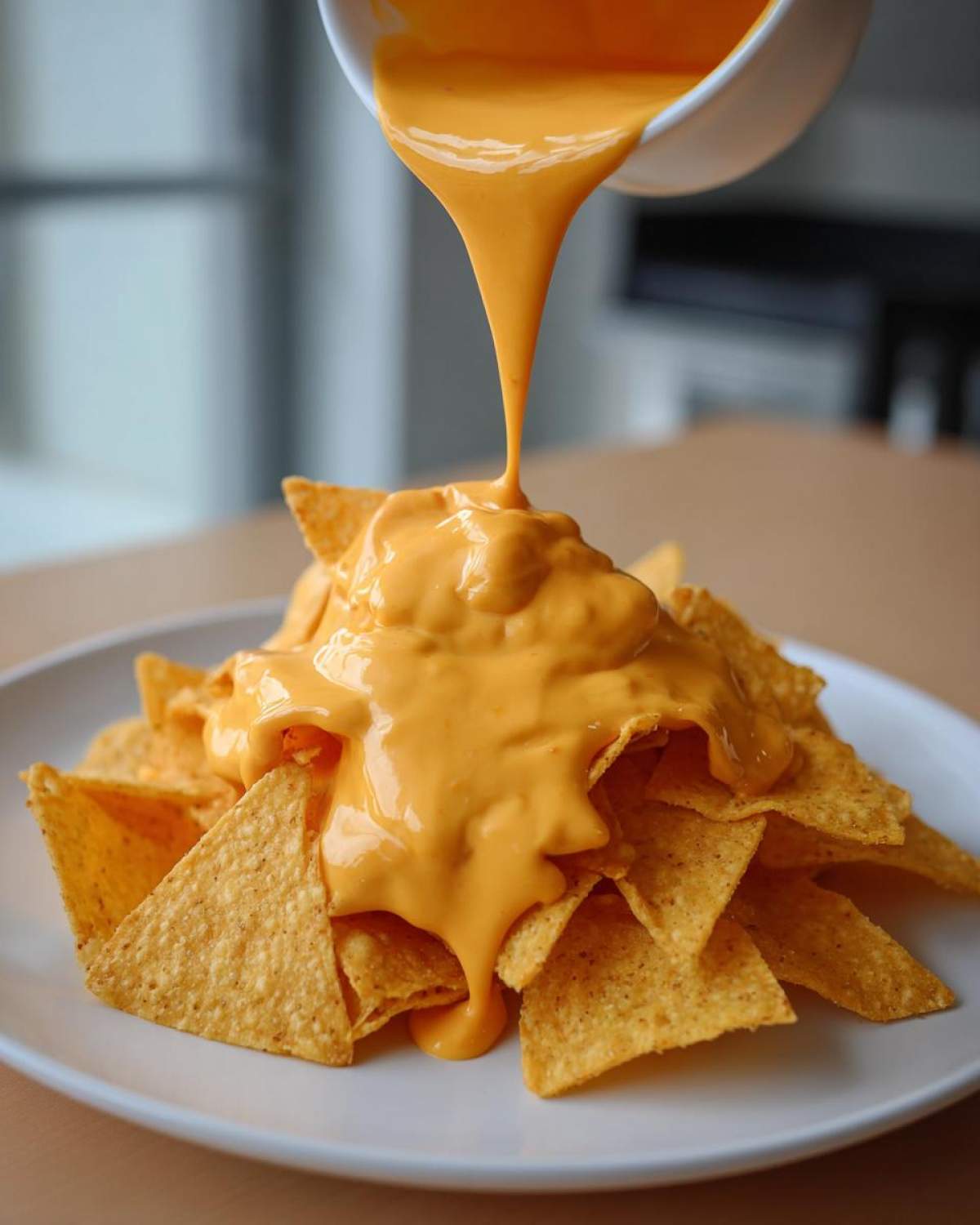 A stream of thick, bright orange nacho cheese sauce being poured from a white bowl onto a pile of tortilla chips.